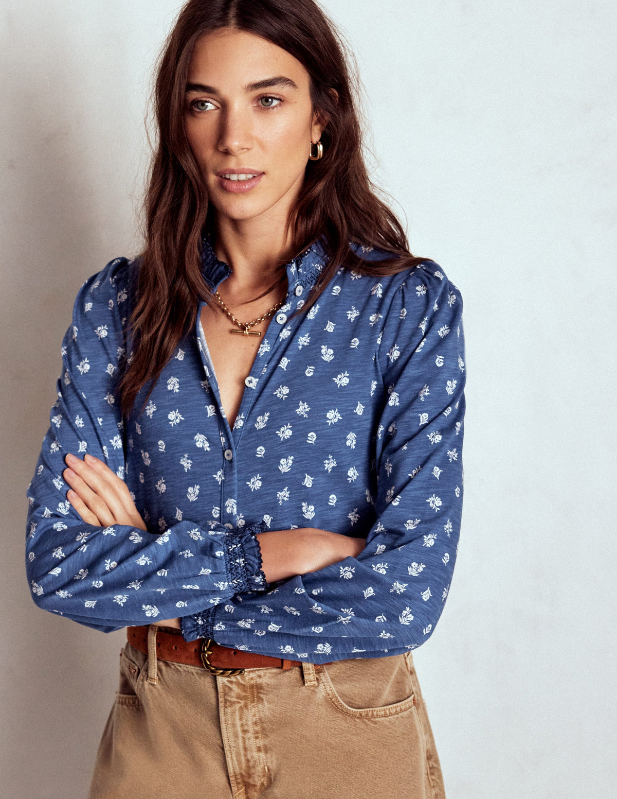 Effie Smocked Detail Shirt-True Navy, Flower Press Small-4