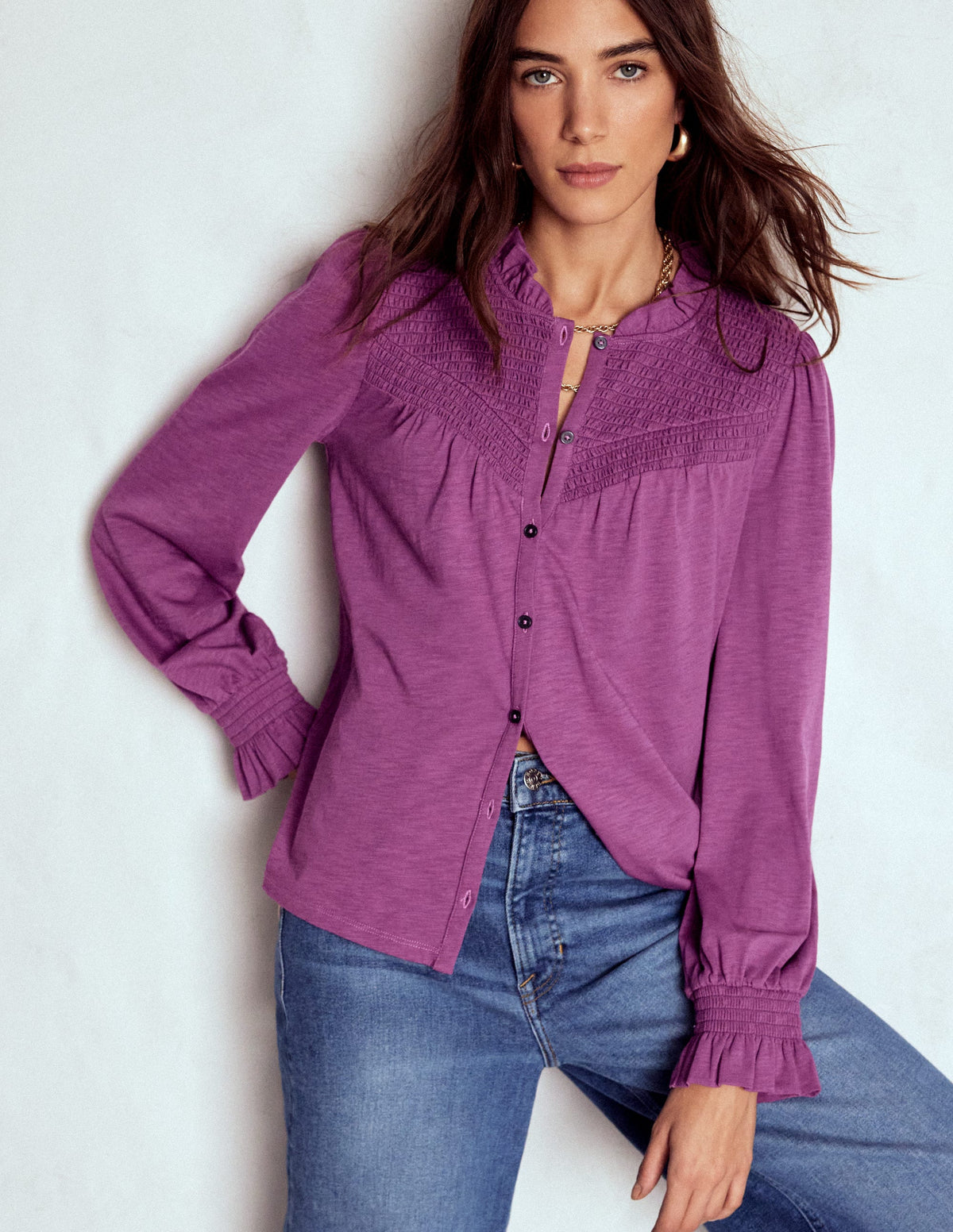Smocked Yoke Jersey Shirt-Damson-1