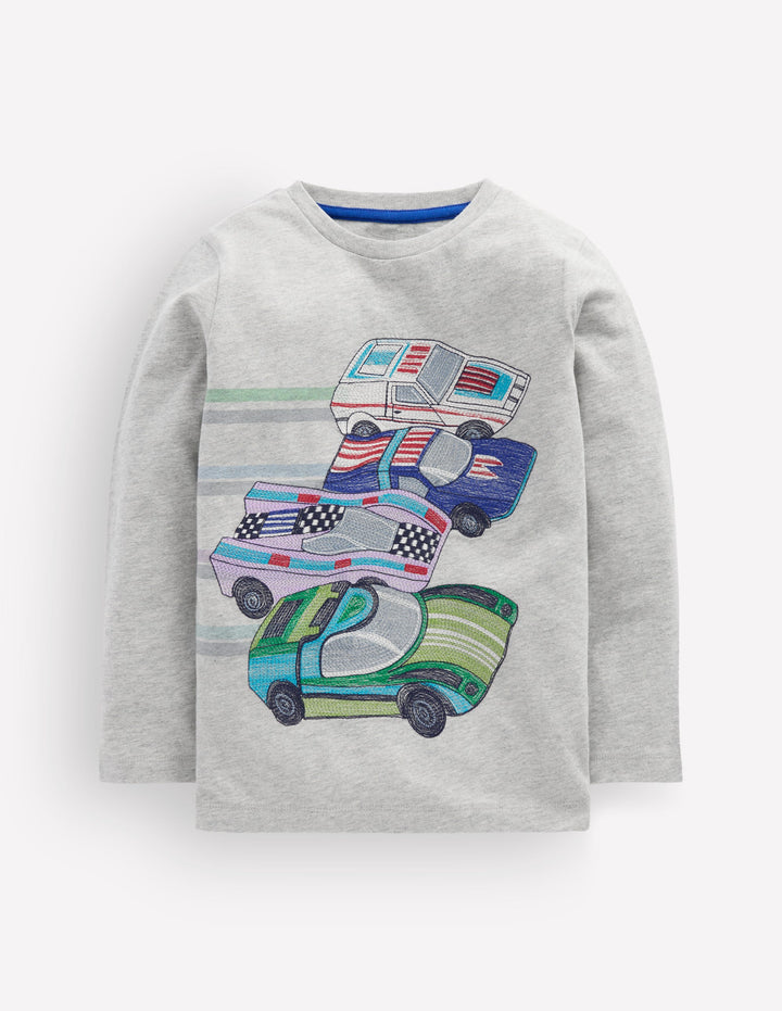 Langarmshirt mit Superstitch-Design-Grau Meliert Rennwagen
