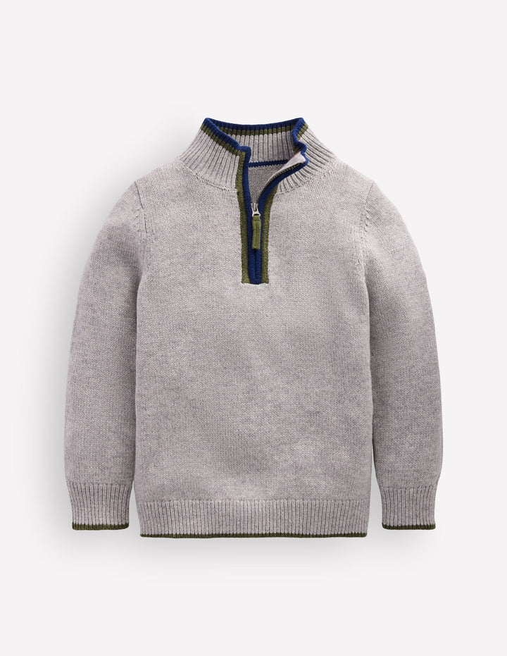 Klassischer Pullover mit halblangem Reißverschluss-Grau Meliert