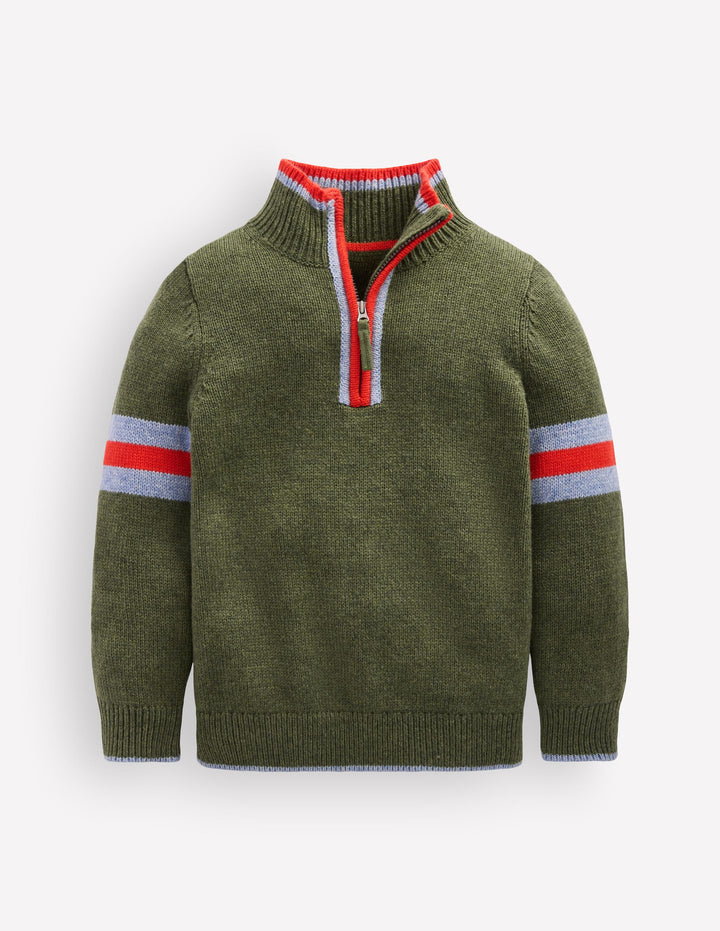 Klassischer Pullover mit halblangem Reißverschluss-Schnittlauch Meliert