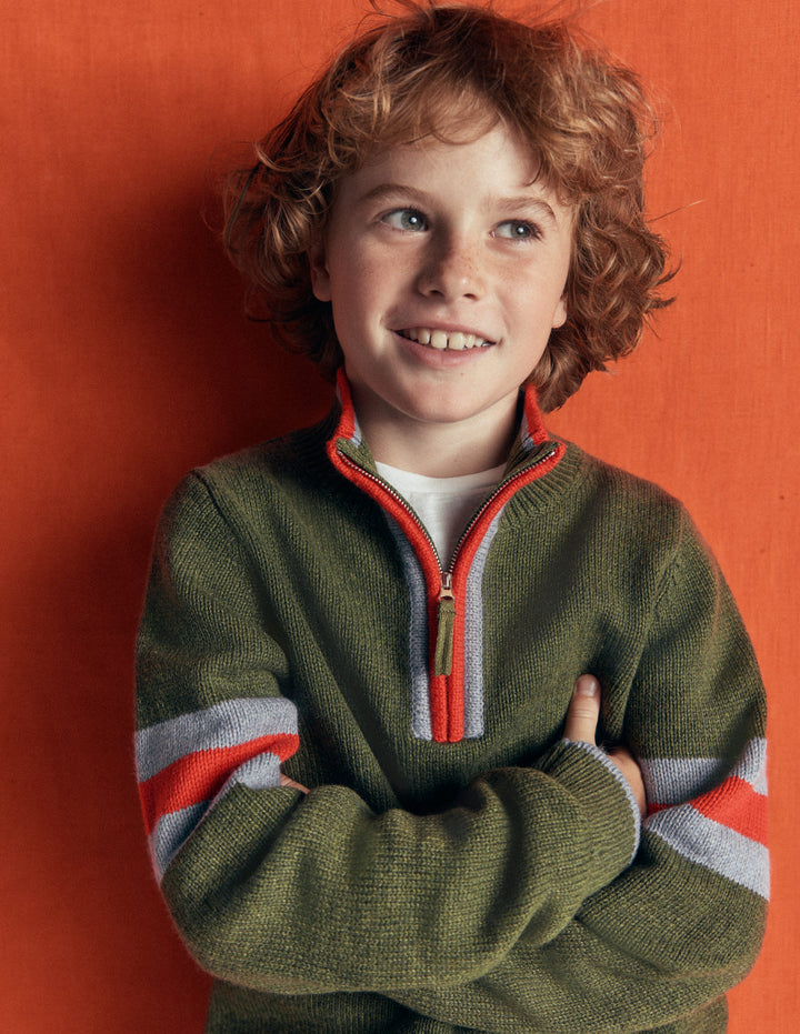Klassischer Pullover mit halblangem Reißverschluss-Schnittlauch Meliert