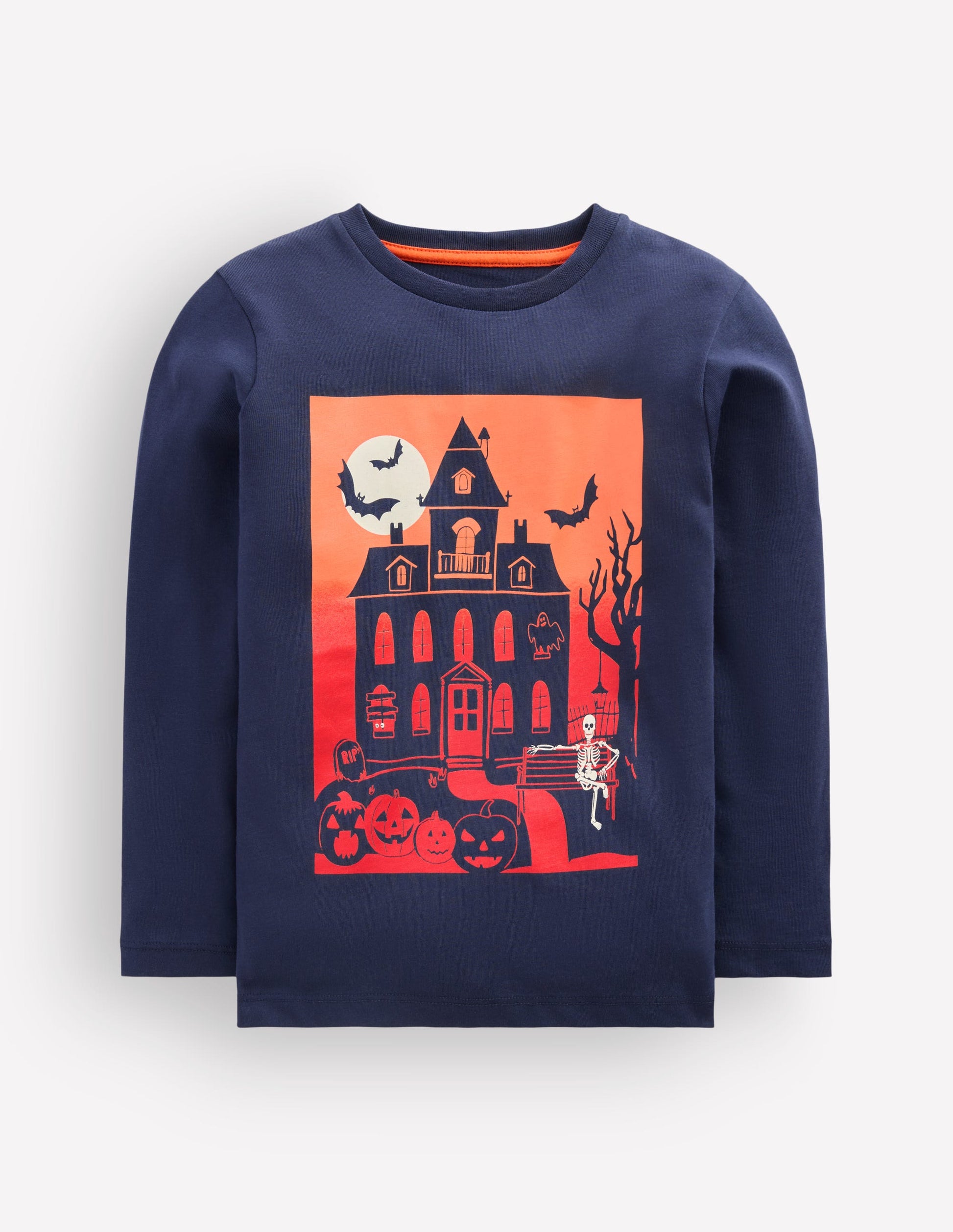 Im Dunkeln leuchtendes Langarmshirt-Französisches Marineblau, Halloween-Schloss-3