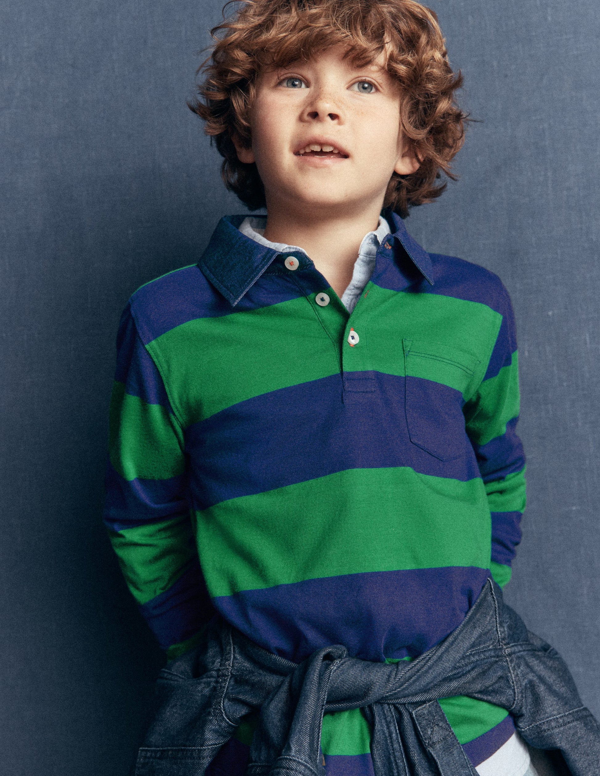 Langärmliges, elegantes Polohemd-Schuluniform-Marineblau/Frisches Grün-1