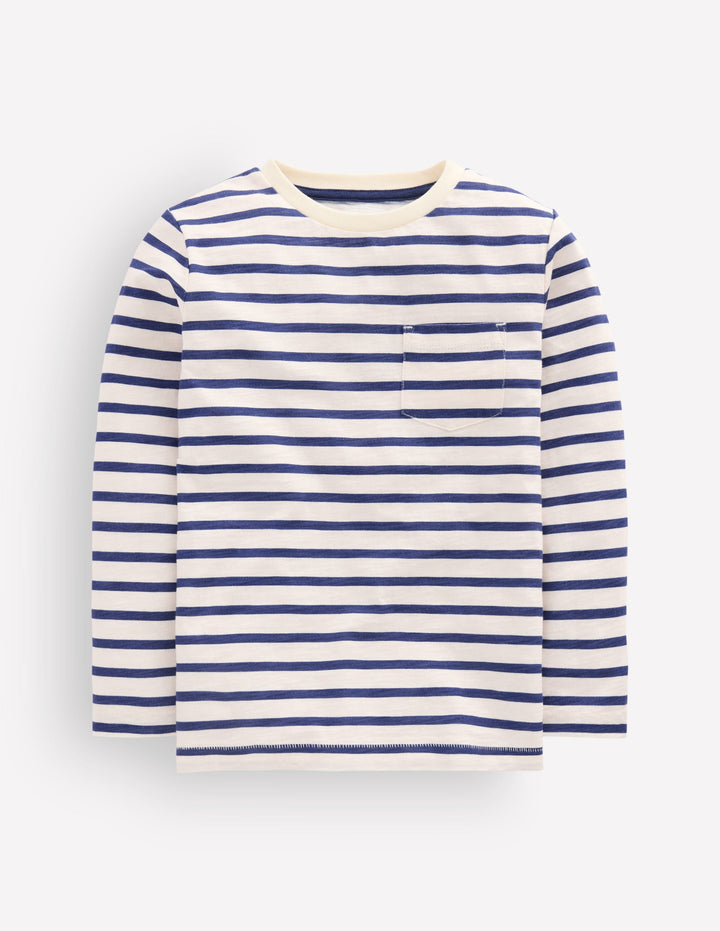 Langärmliges T-Shirt für den Alltag-Zartes Naturweiß/Schuluniform-Marineblau