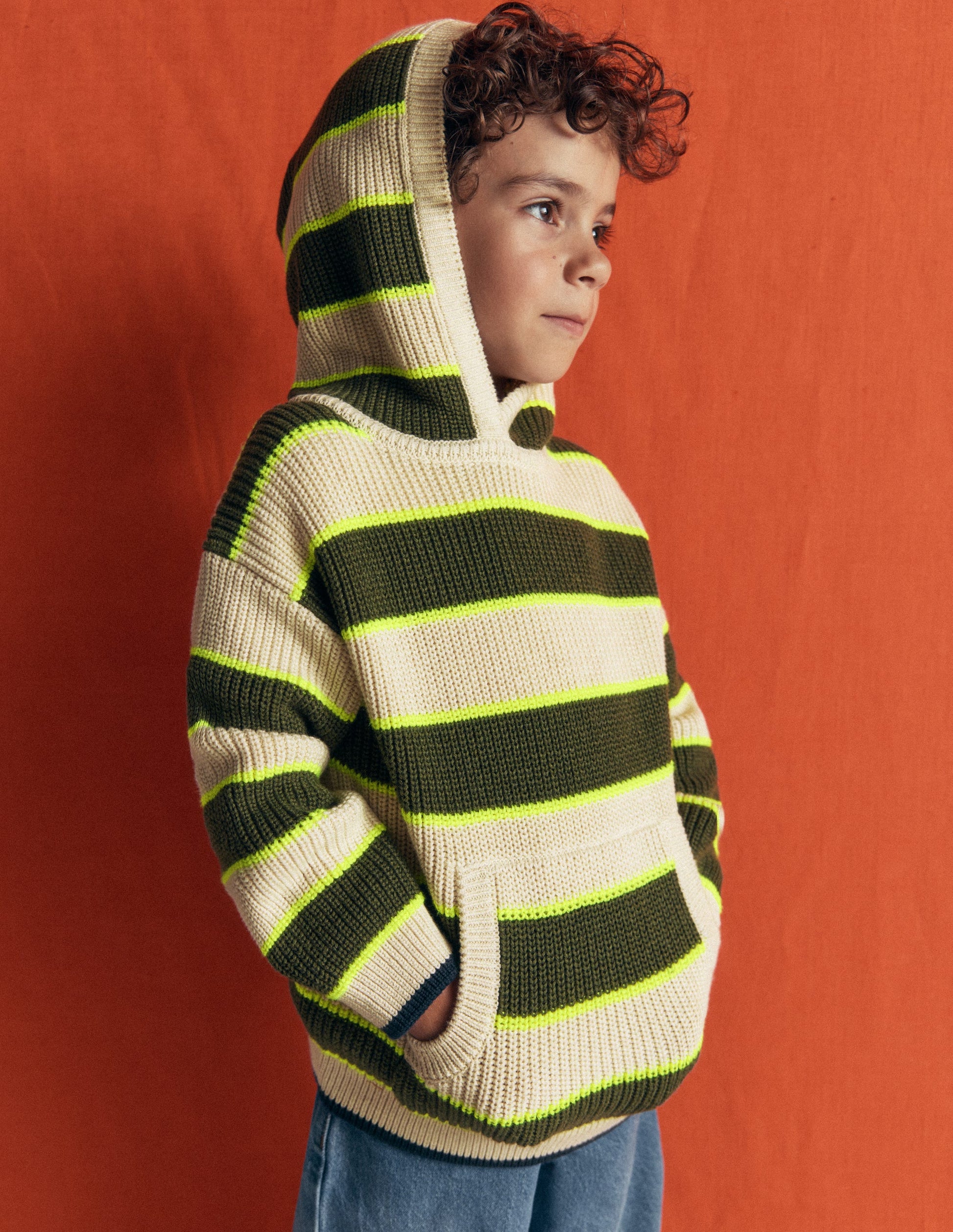 Sweat à capuche en coton épais-Rayé avoine/vert-2