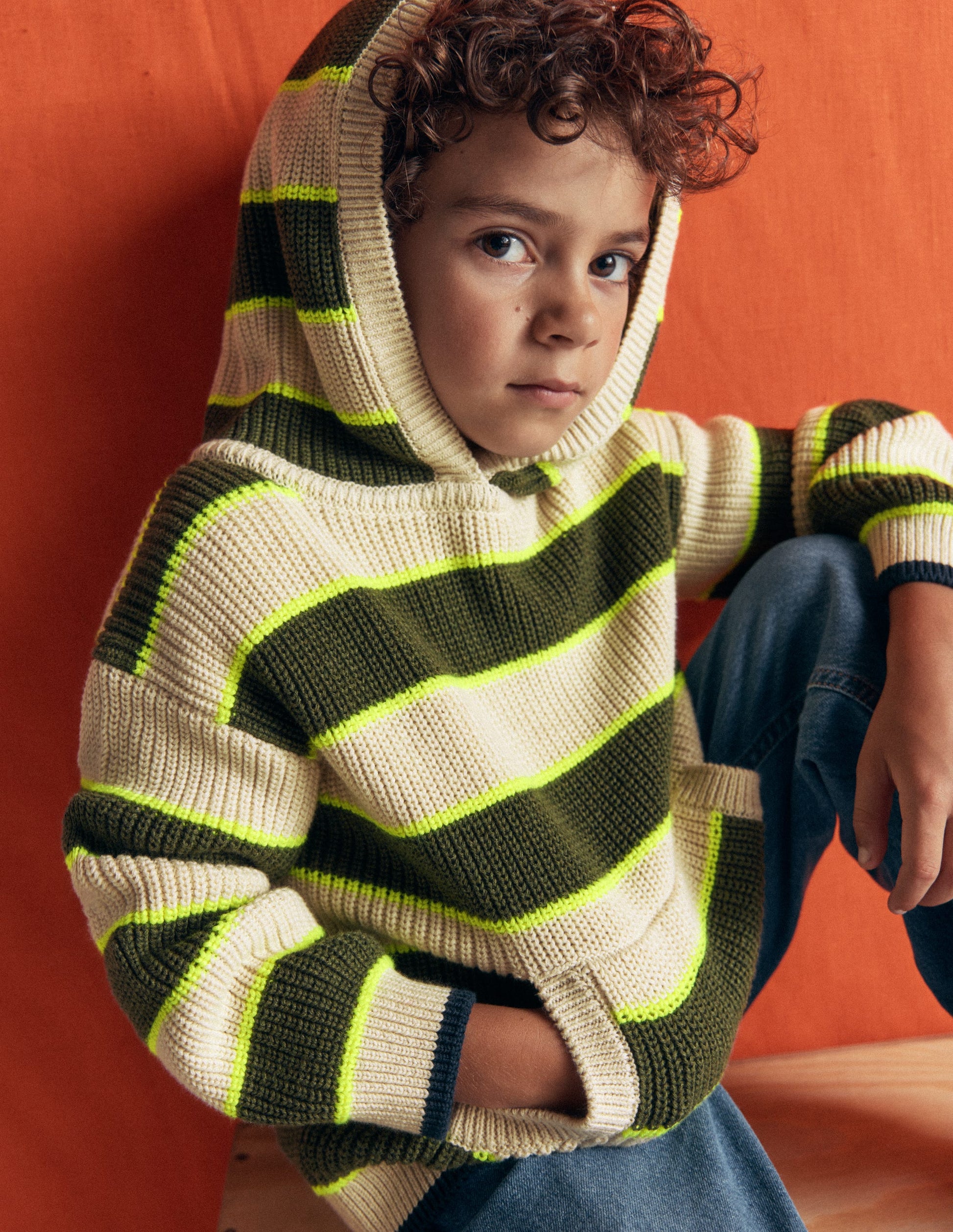 Sweat à capuche en coton épais-Rayé avoine/vert-3