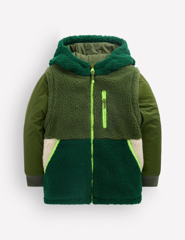 2-in-1-Jacke aus Teddyfell-Mix mit Einsätzen-Khaki
