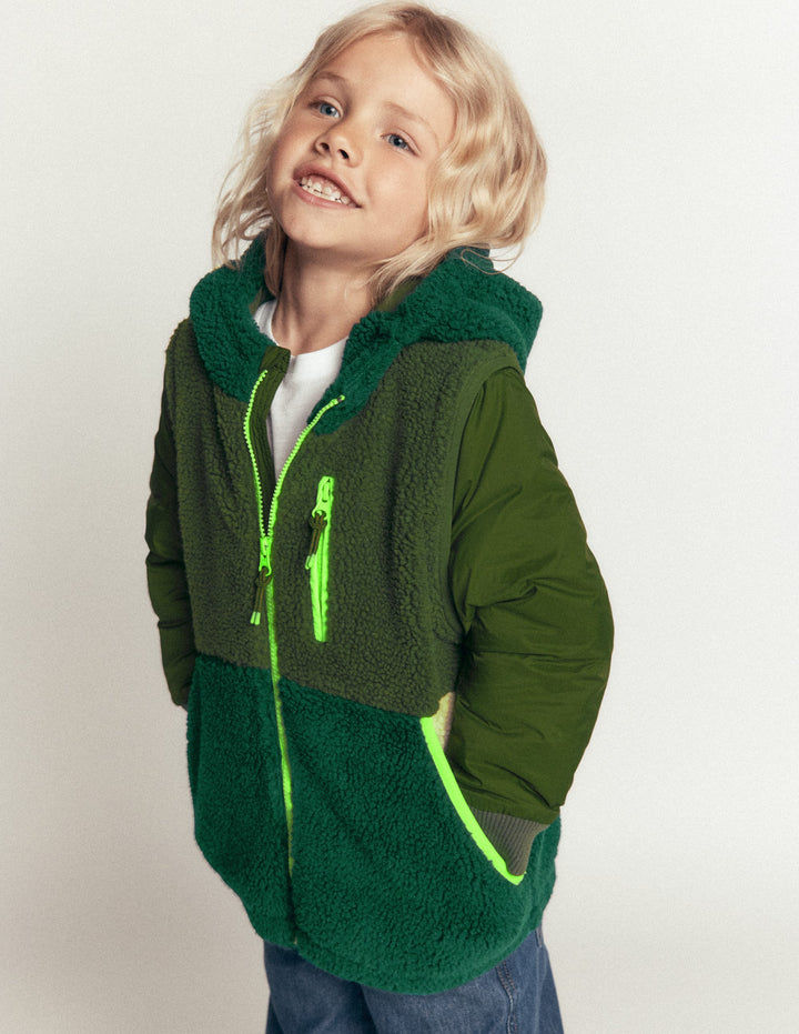 2-in-1-Jacke aus Teddyfell-Mix mit Einsätzen-Khaki