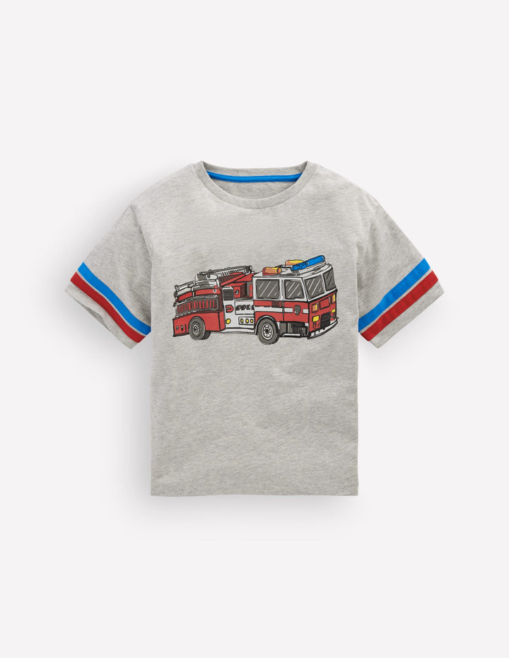 Bedrucktes T-Shirt mit Color Blocking-Grau Meliert Feuerwehrauto