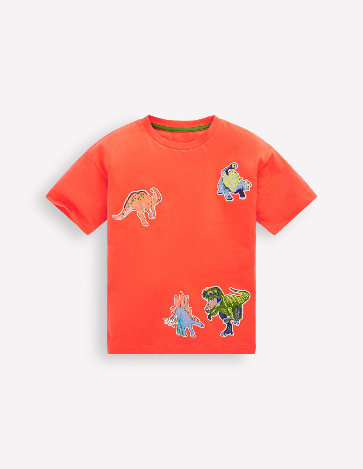 Short Sleeve Badge T-shirt-Coral Orange Dinos - Image 1