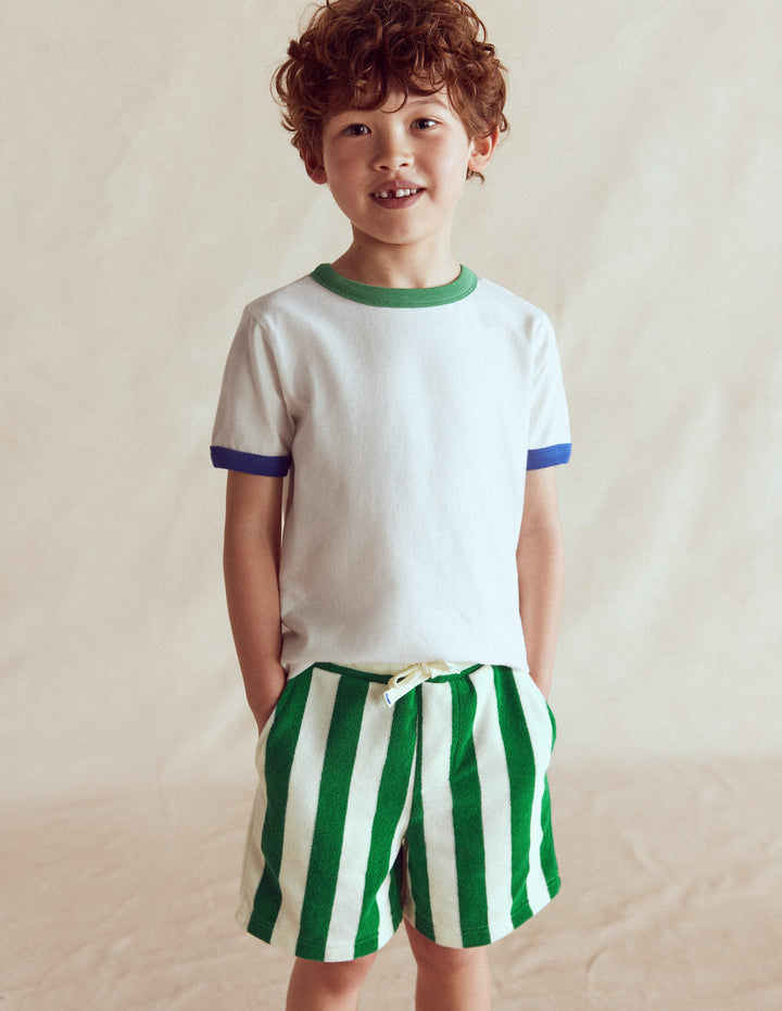 Frottee-Shorts-Grün und Naturweiß Streifen