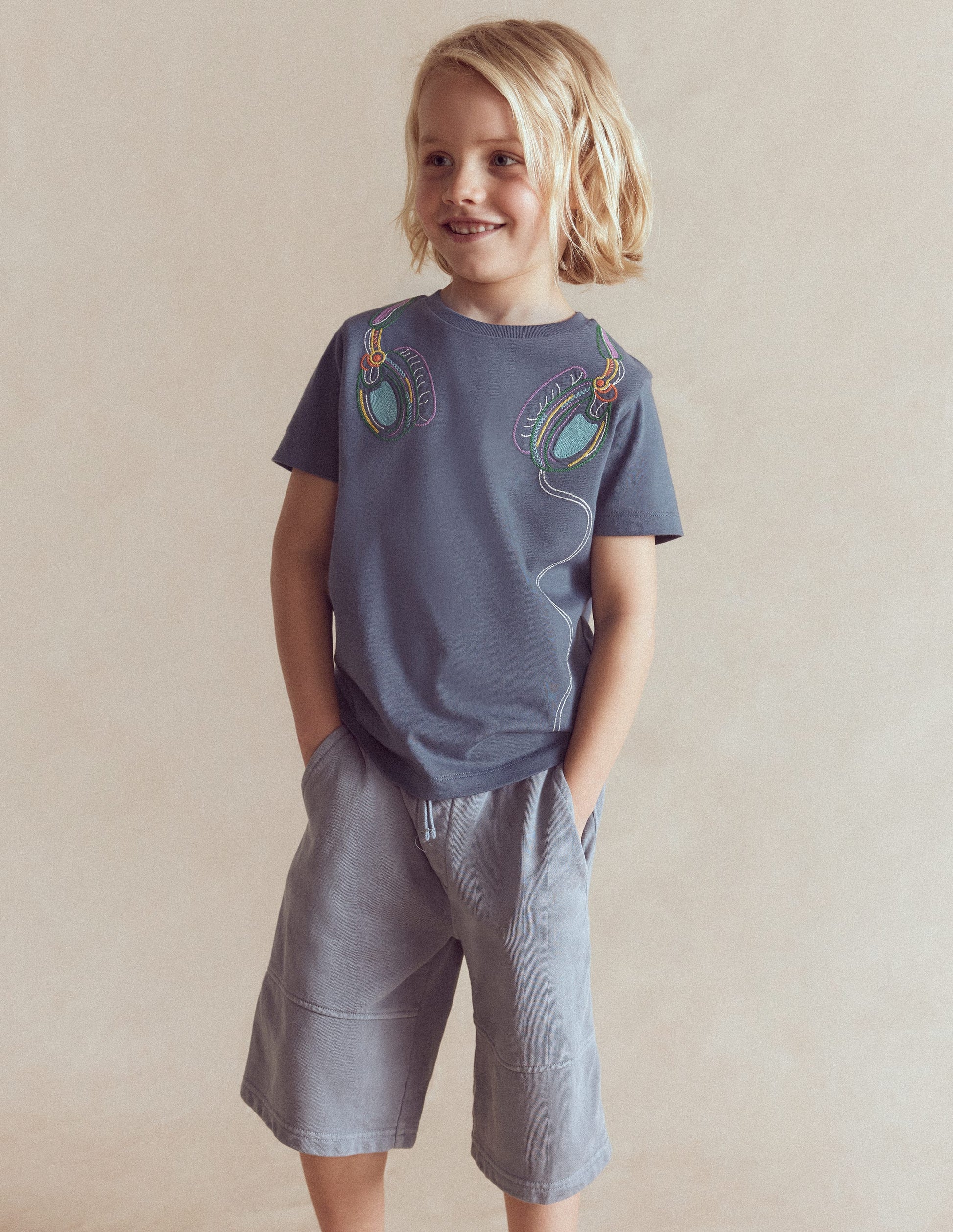 T-Shirt mit Linienstich-Vintage Indigoblau Kopfhörer-1