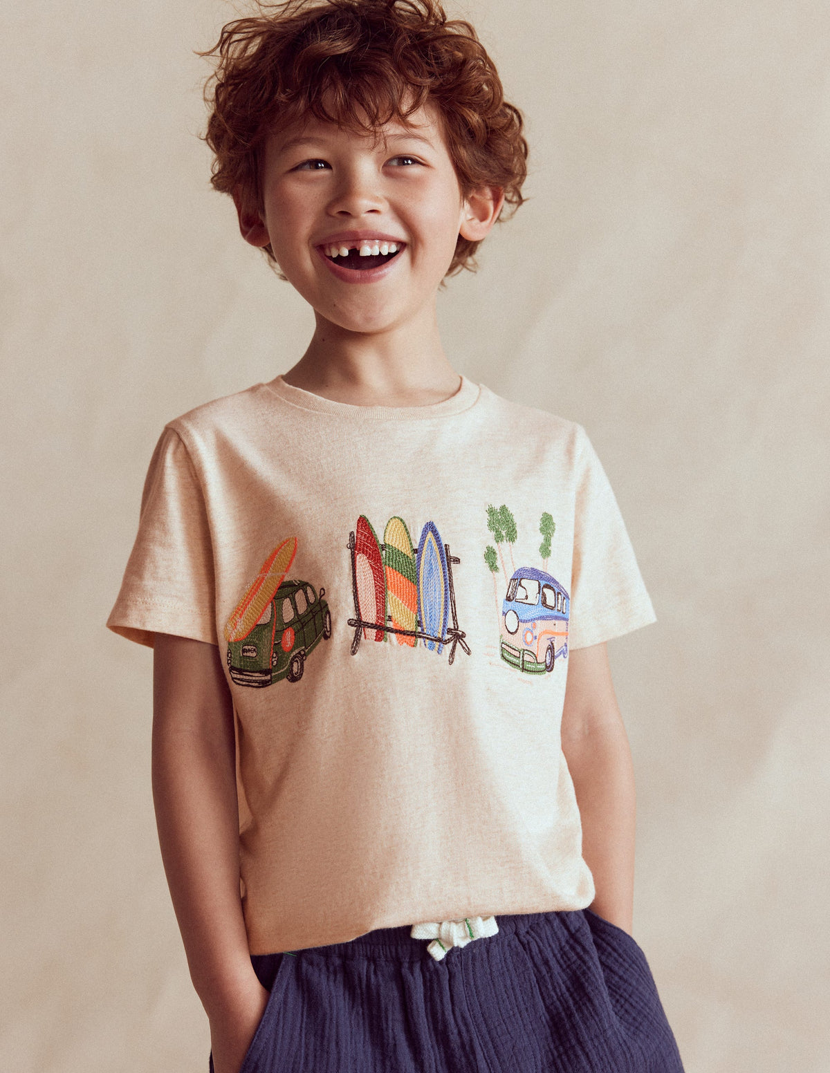 T-Shirt mit Linienstich-Haferbeige Meliert Urlaub-1