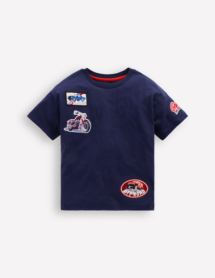 Kurzärmliges T-Shirt mit Aufnäher-College Marineblau Autos
