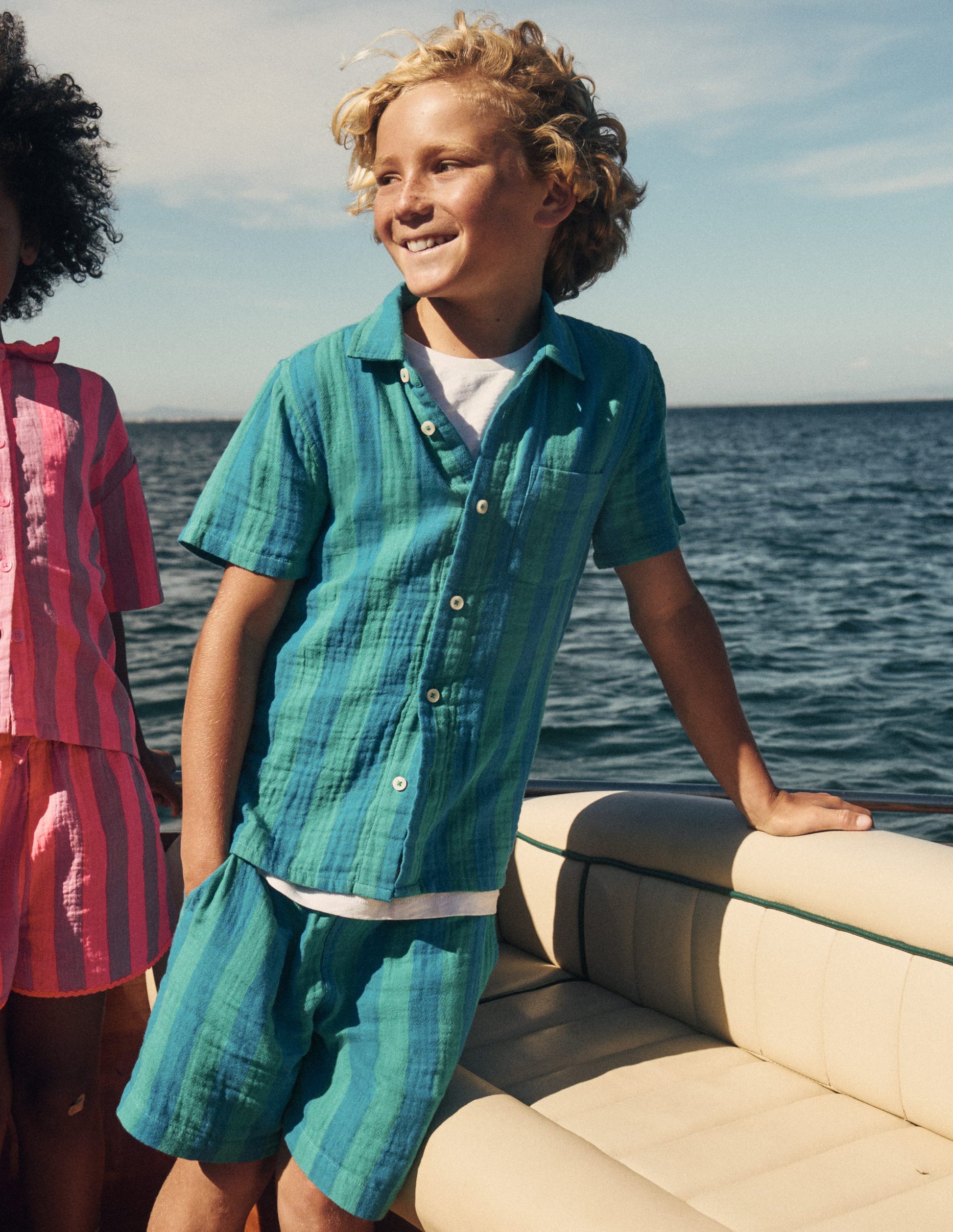 Double Cloth Shorts-Green and Blue Stripe-4