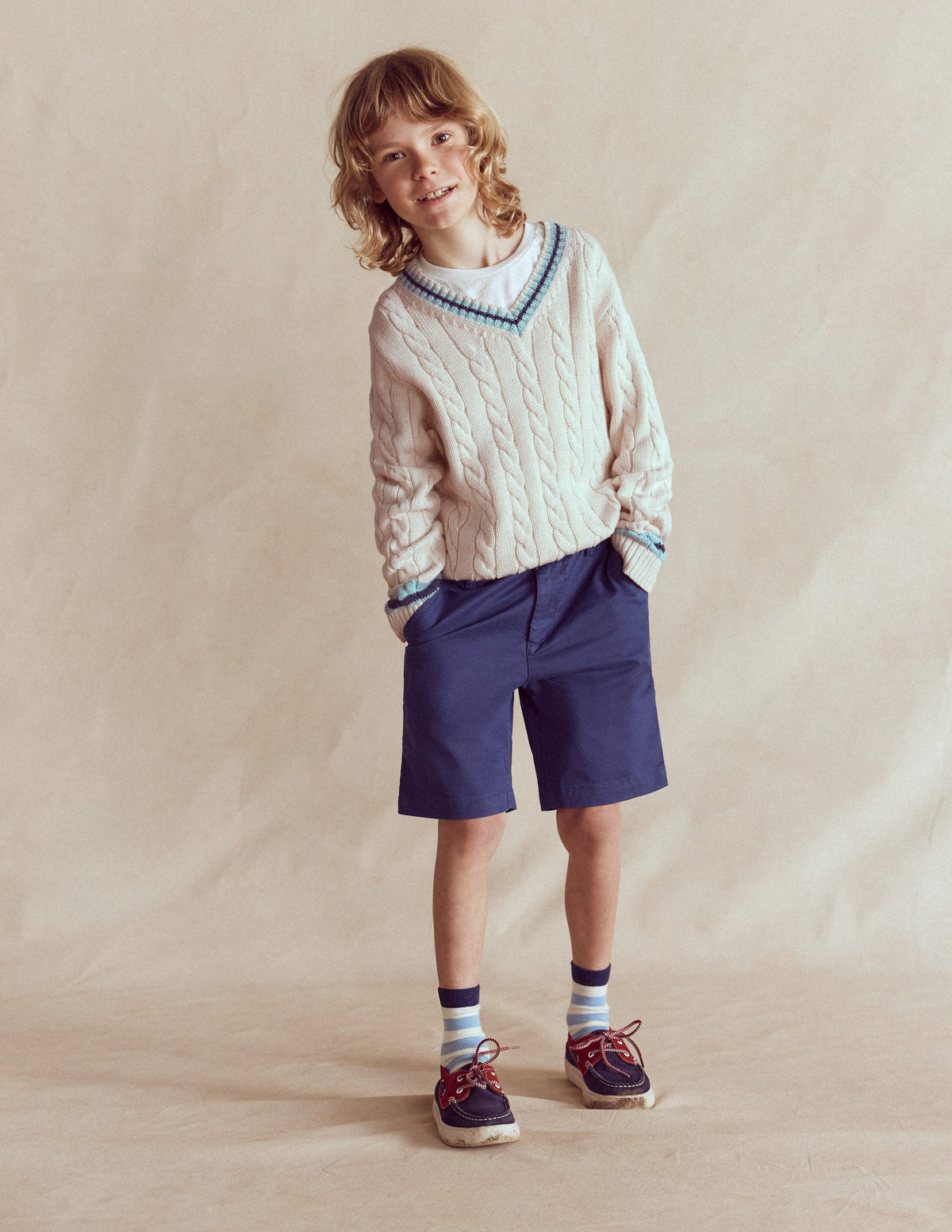 V-neck Cable Jumper-Ivory-1