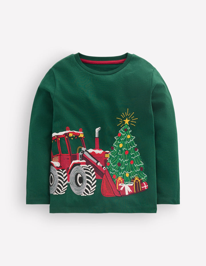 Langärmliges Superstitch-Oberteil-Smaragdgrün Weihnachtstraktor
