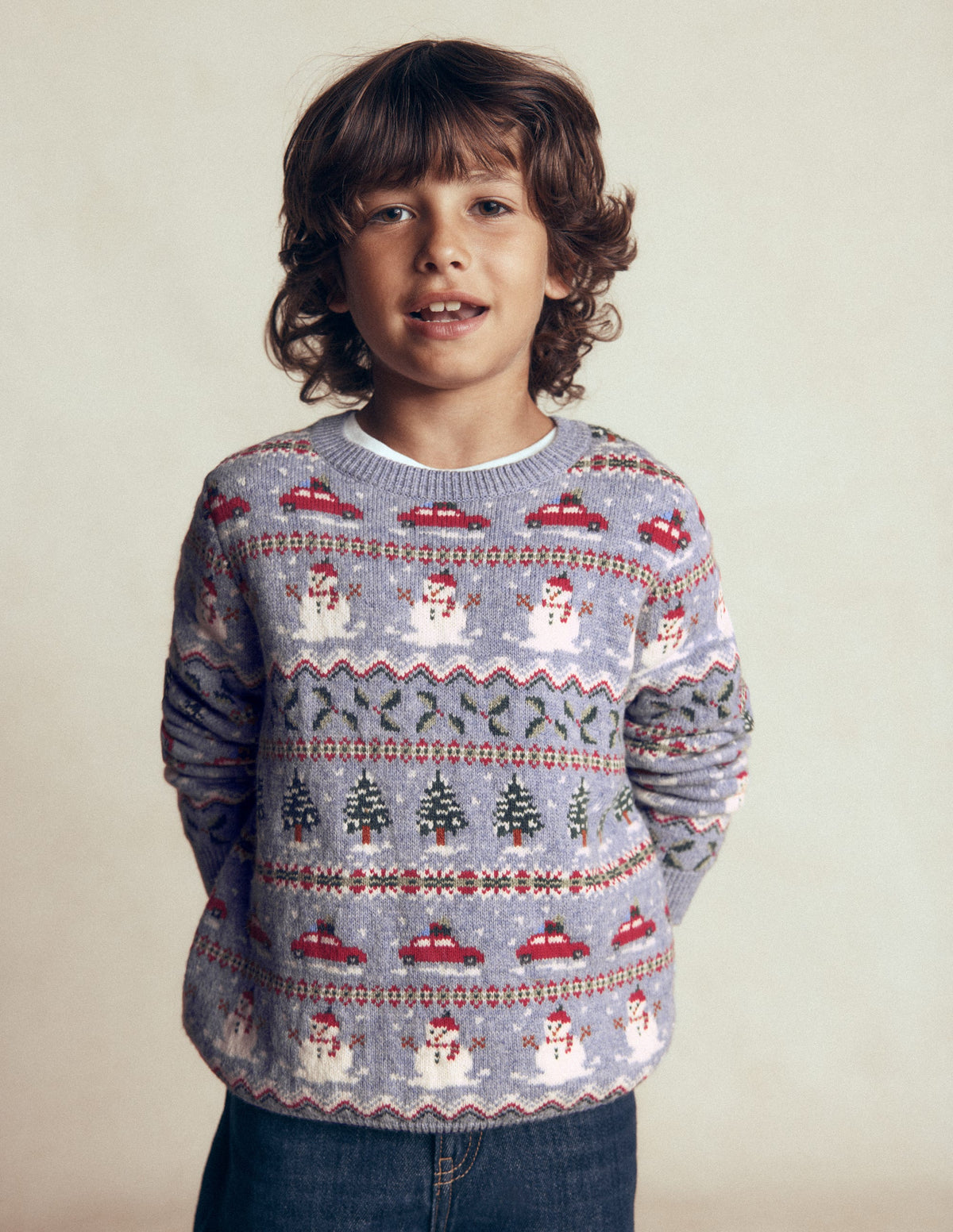 Fair-Isle-Pullover-Gletscherblau Weihnachtsautos - Image 1