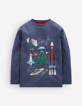 T-shirt phosphorescent à manches longues-Motif spatial de Noël indigo vintage