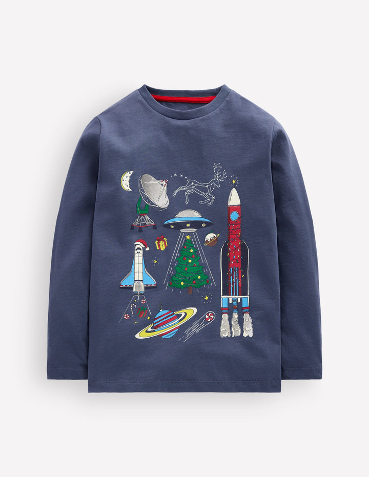 Im Dunkeln leuchtendes Langarmshirt-Vintage-Indigoblau Weihnachten Weltall