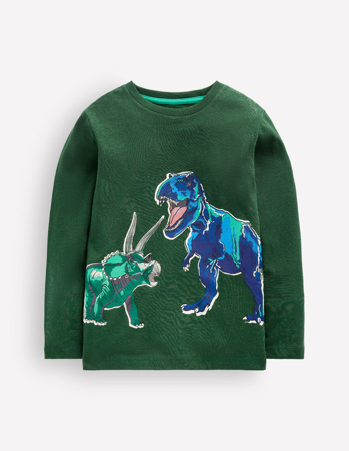 T-shirt phosphorescent à manches longues-Dinosaures vert chasseur