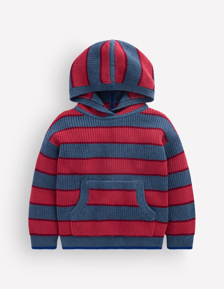 Grobstrick-Kapuzenpullover aus Baumwolle-Denim-Blau mit Streifen