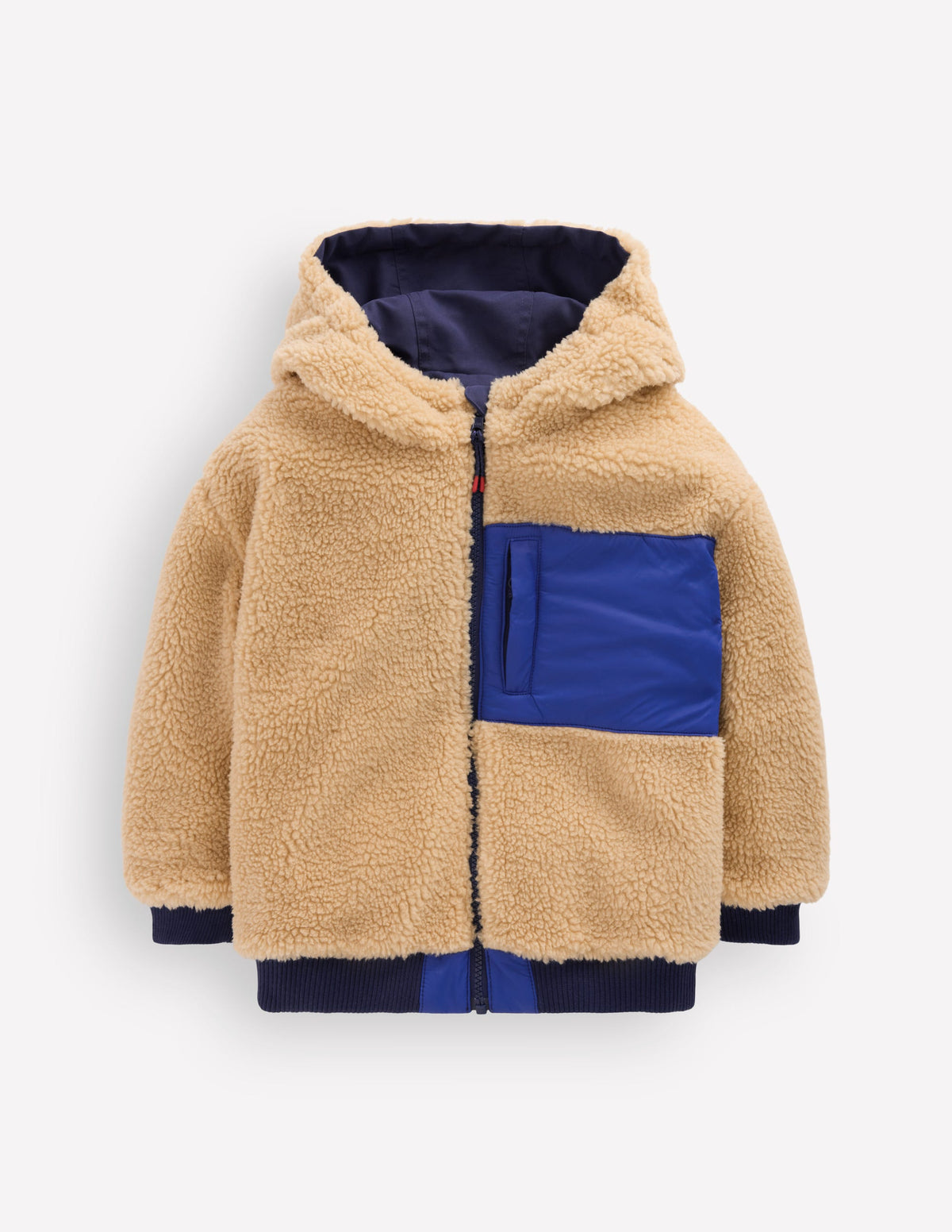 Wendbare Teddyfell-Bomberjacke-BLAU und ROT COLOR BLOCKING - Image 4