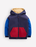 Wendbare Teddyfell-Bomberjacke-BLAU und ROT COLOR BLOCKING