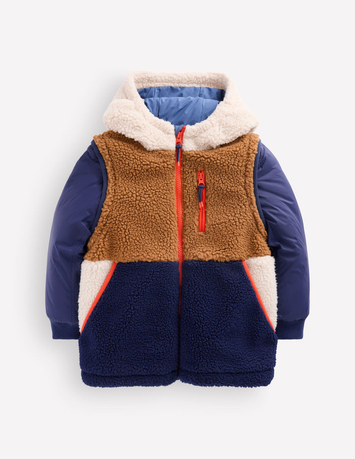 2-in-1-Jacke aus Teddyfell-Mix mit Einsätzen-Marineblau