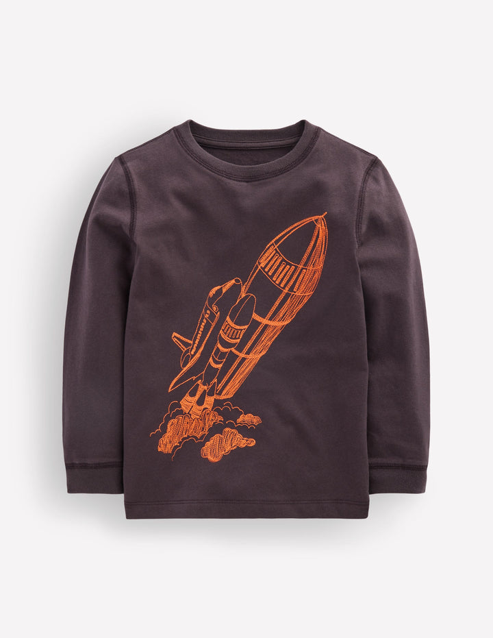 Langarmshirt mit neonfarbenem Superstitch-Design-Rakete