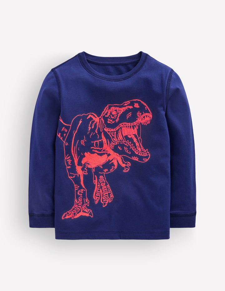 Langarmshirt mit neonfarbenem Superstitch-Design-Schuluniform-Marineblau Dino
