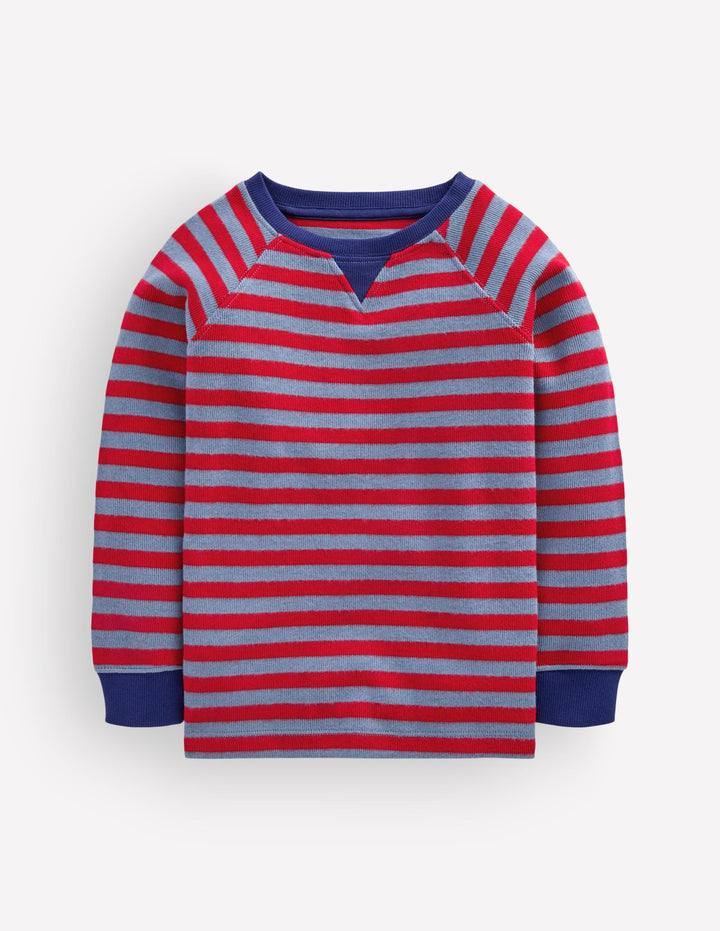 Gemütlicher, texturierter Raglanpullover-Französischer Denim/Edelsteinrot