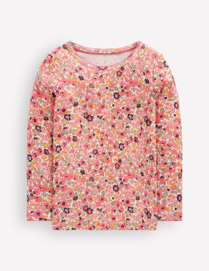 Top manches longues en pointelle-Motif floral rose