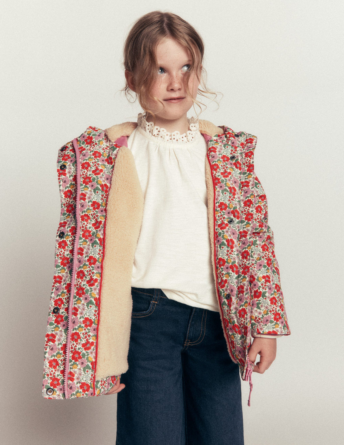 Anorak mit Sherpa-Futter-Sanftes Cremeweiß Gartenblumenbeet - Image 3