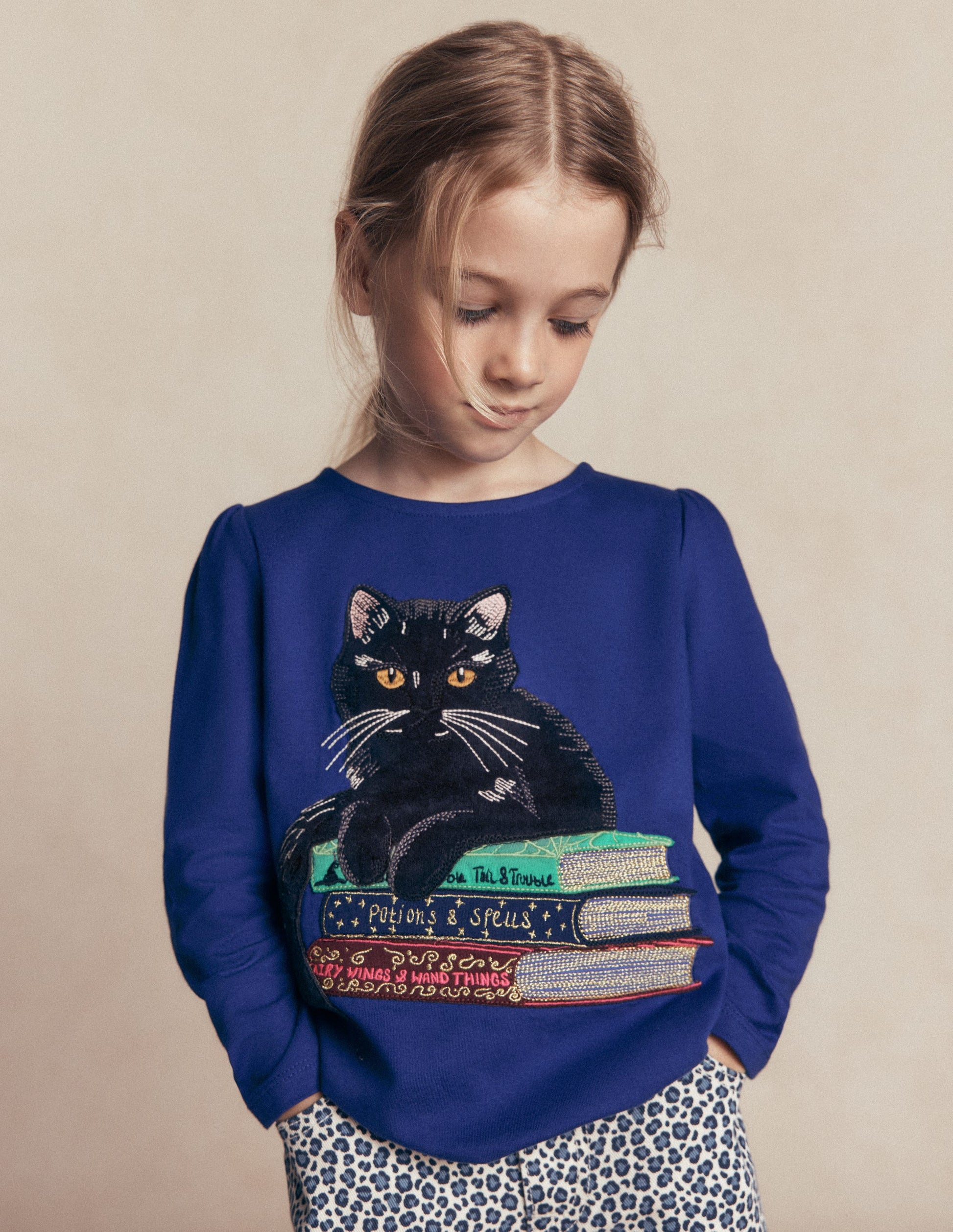 Langarmshirt mit Puffärmeln und Applikation-Leuchtendes Blau Katze-1