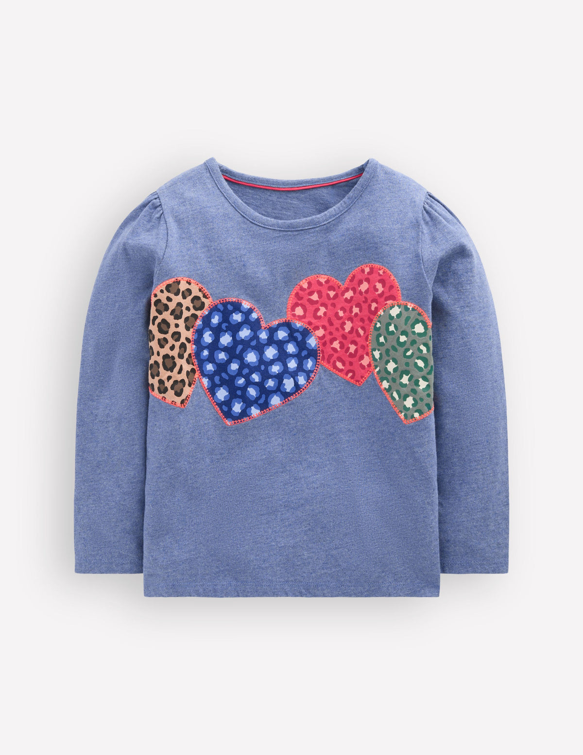 Langarmshirt mit Puffärmeln und Applikation-Blau Meliert Patchwork-Herzen - Image 1