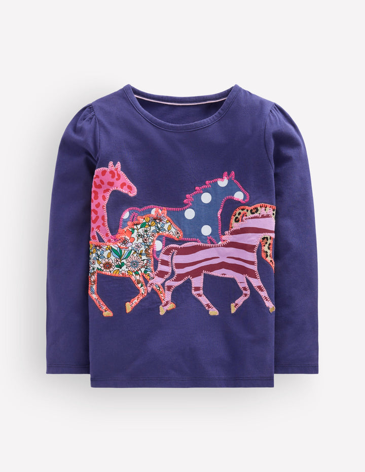 Langarmshirt mit Puffärmeln und Applikation-Schuluniform-Marineblau Pferde