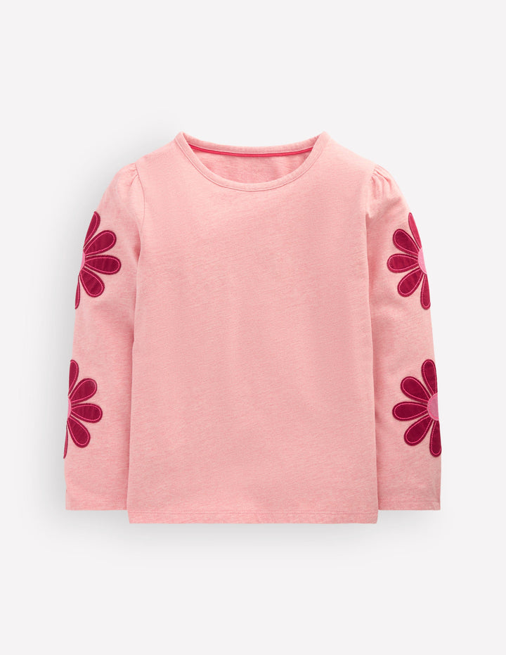Langarmshirt mit Puffärmeln und Applikation-Rosa Meliert Blumen