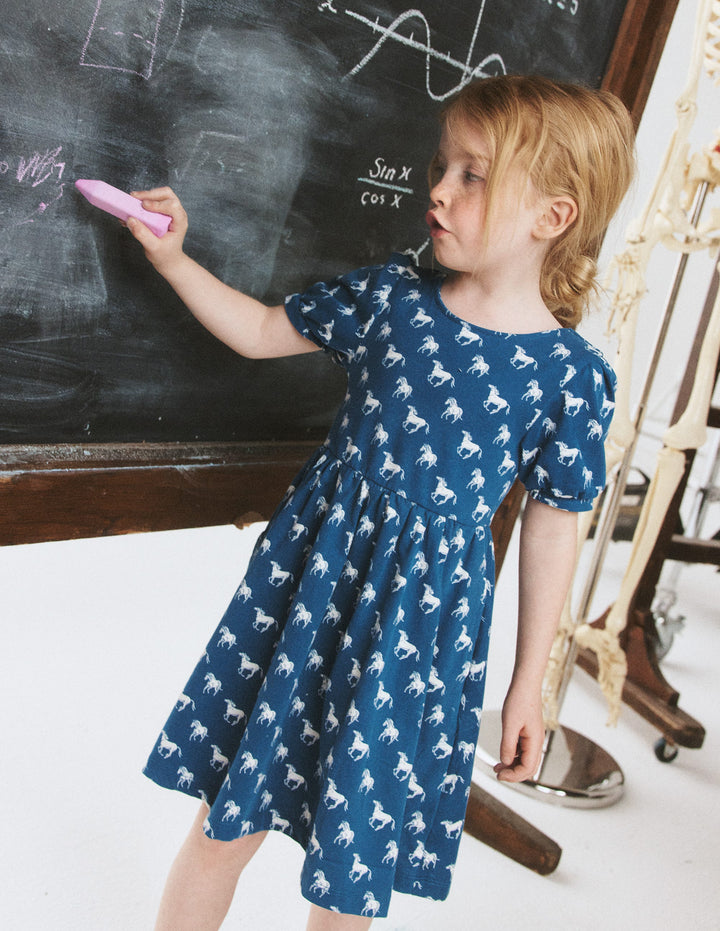 Ballerina-Jerseykleid-Blau Pferde