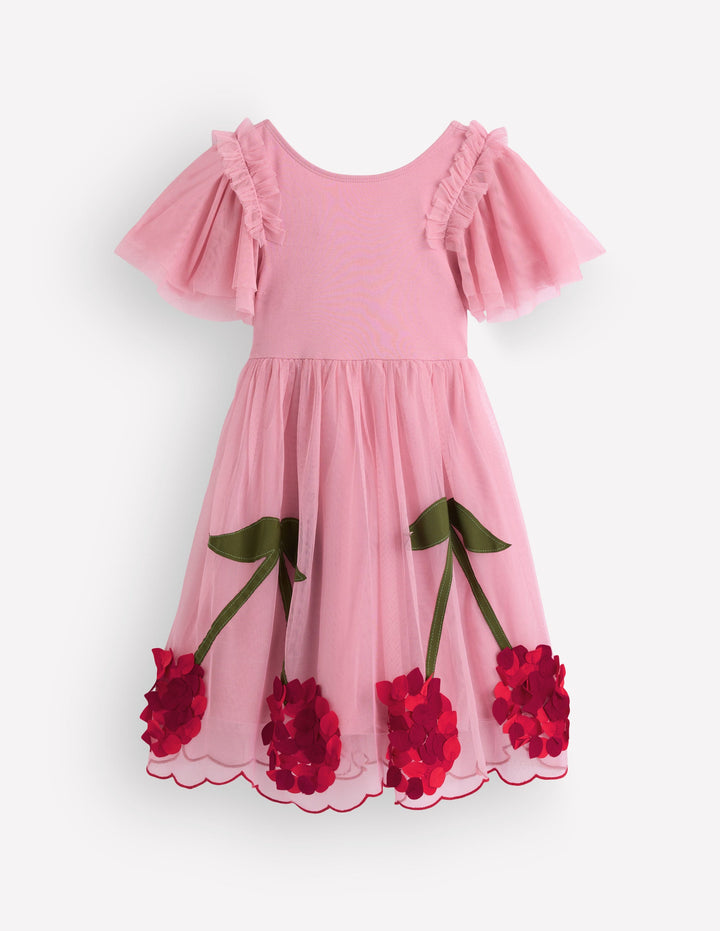 Kurzärmliges Tüllkleid mit Logo-Rosa Kirsch-Applikation