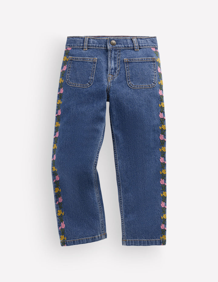 Gerade Jeans mit aufgesetzten Taschen-Denim Stickerei