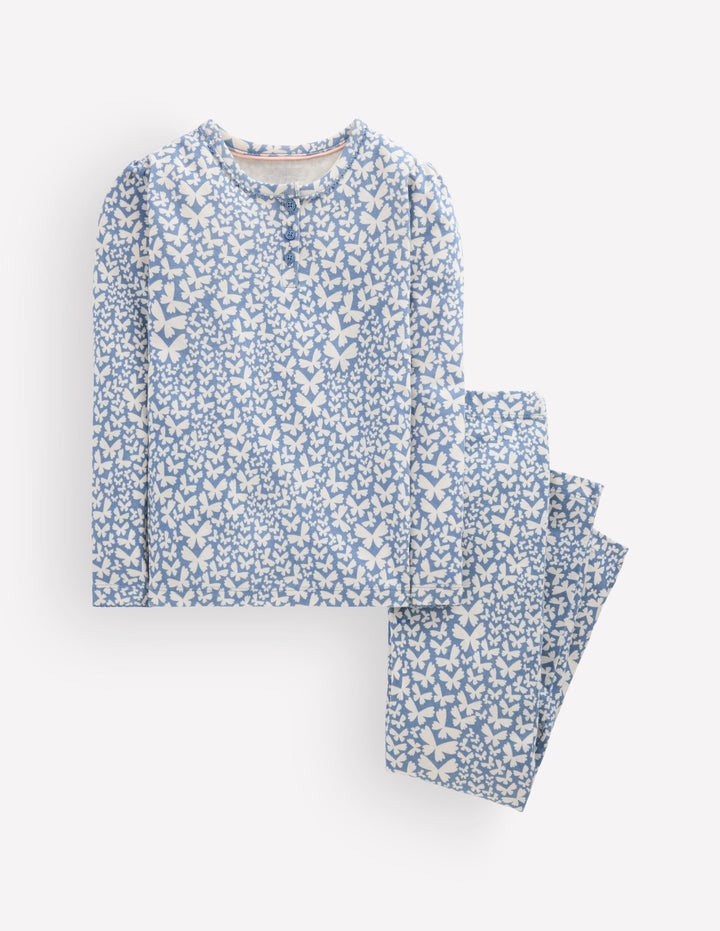 Eng anliegender Henley-Schlafanzug-Blau, Schmetterlinge