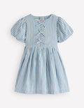 Gewebtes Kleid mit Schleife vorn-Blau Streifen