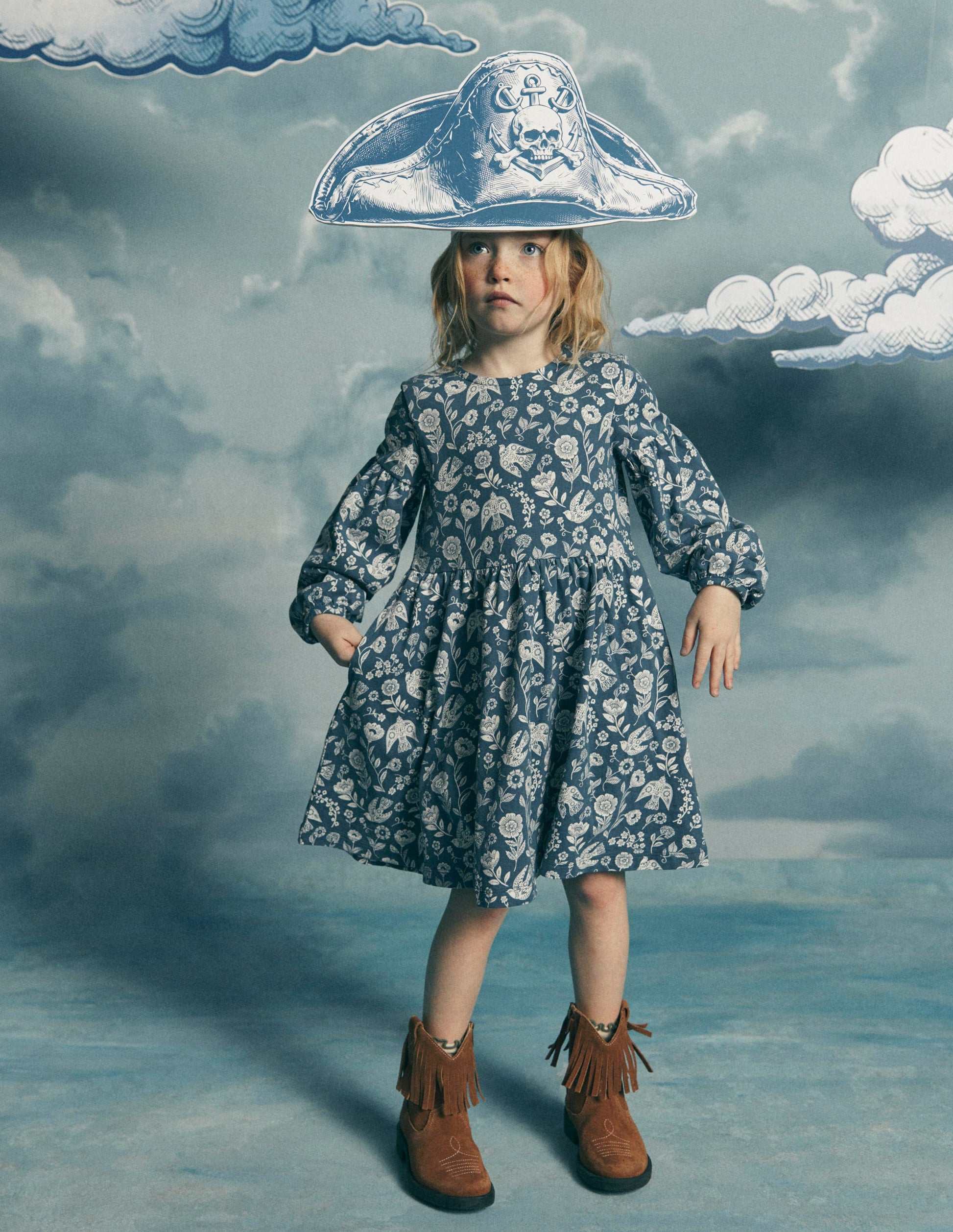 Madeline Kleid mit Blousonärmeln-Saphirblau Blumenmuster Vogel-2