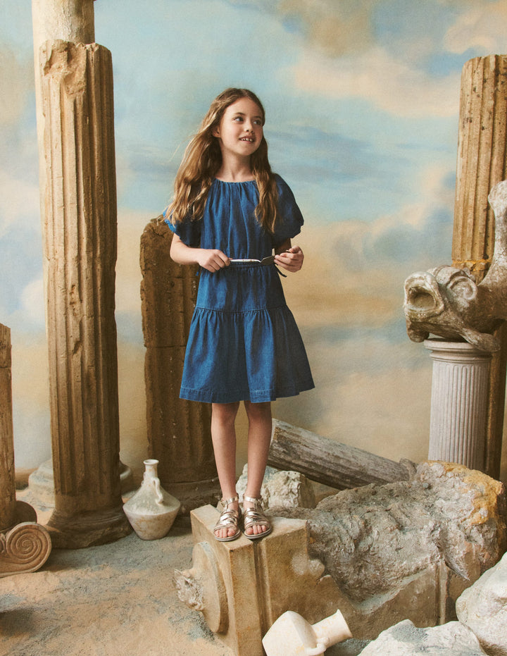 Gewebtes Kleid mit Schleife an der Taille-Mittlere Mischung Denim