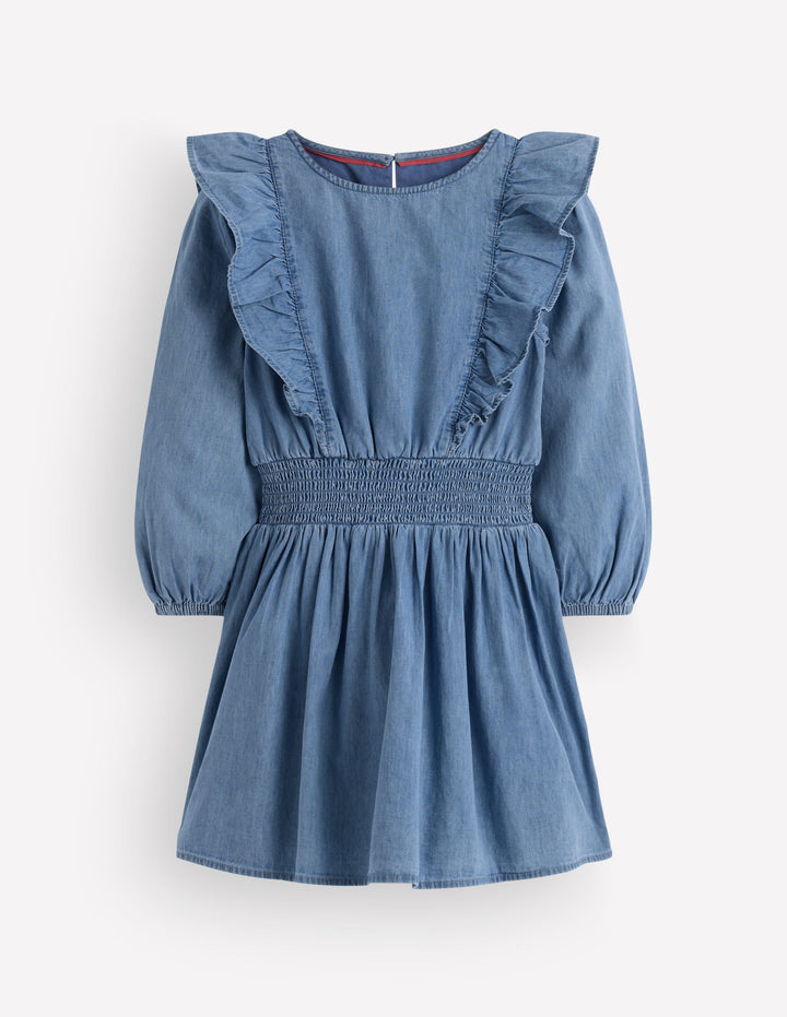 Rüschenkleid mit tiefer Taille-Hell Denim