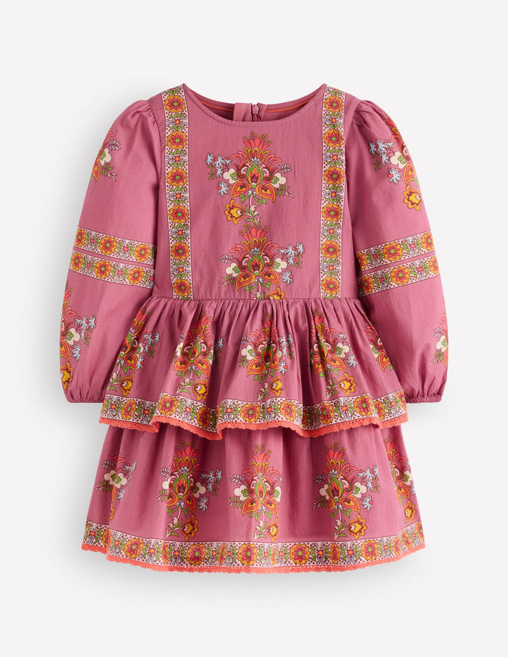 Gewebtes Stufenkleid mit Muster-Rosa Blumenmuster