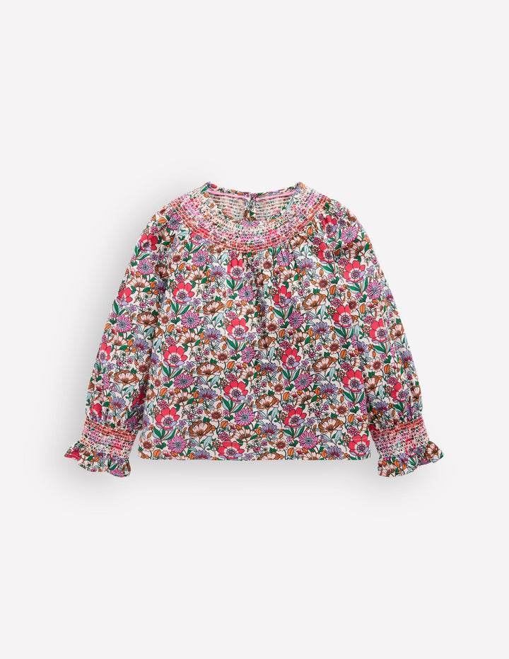 Blouse imprimée à smocks-Motif Floral Fields crème doux