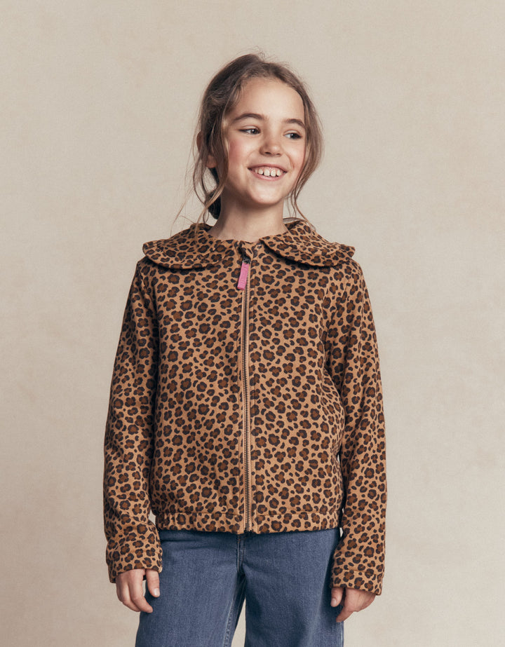 Jacke mit Fleecefutter und Reißverschluss-Milchschokoladenbraun Leopardenmuster